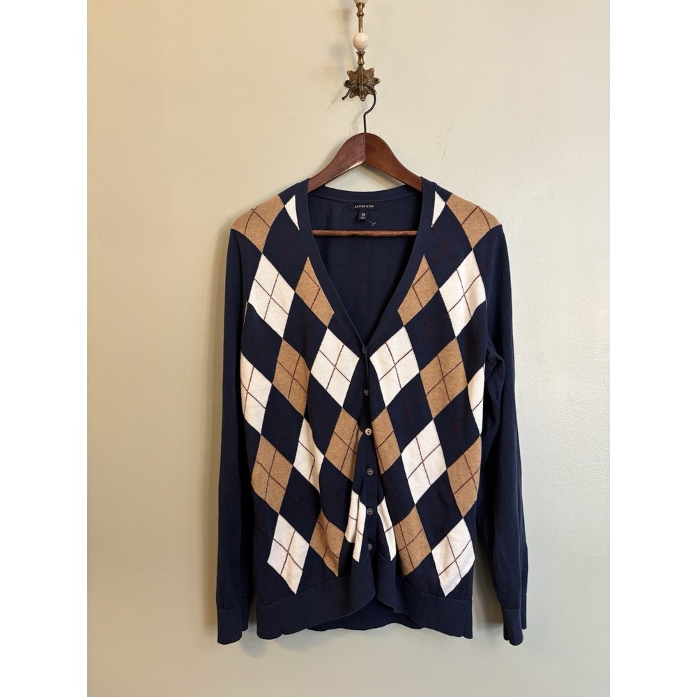 Lands' End Women's 0X Argyle Cardigan Navy Tan Ivory Preppy Academia Cotton